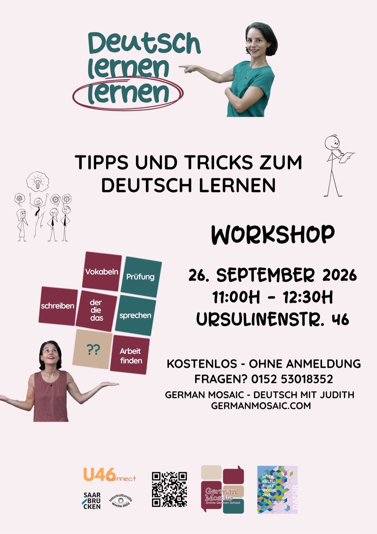 Plakat: Workshop Deutsch lernen lernen, 26. September 2026, 11:00–12:30 Uhr, Ursulinenstraße 46, Saarbrücken